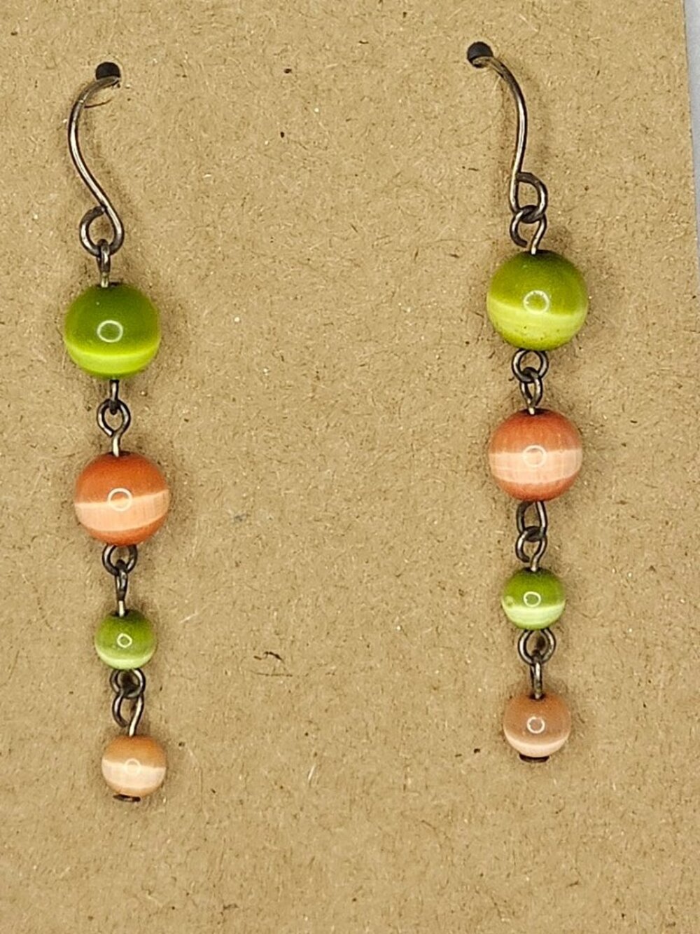 Boho Beaded Dangle Earrings - Green & Orange Striped Cat's Eye Beads